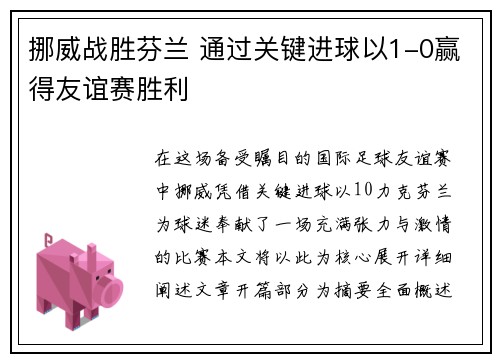 挪威战胜芬兰 通过关键进球以1-0赢得友谊赛胜利