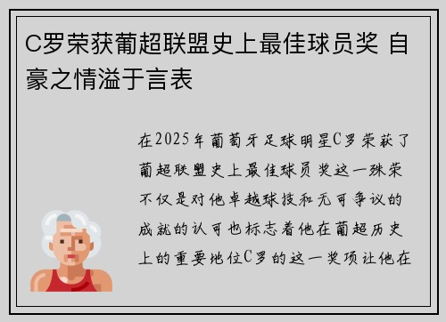 C罗荣获葡超联盟史上最佳球员奖 自豪之情溢于言表